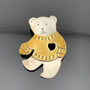 Taxco Teddy Bear w/Heart Shirt Mexico Brooch Pin Sterling Silver Vtg J383